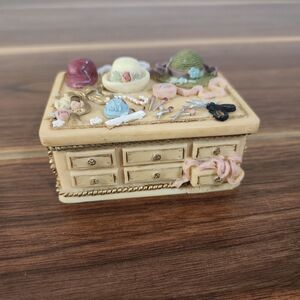 Dezine Vintage 1995 Hand Painted 3D Embossed Trinket Box Victorian Ribbons Hats